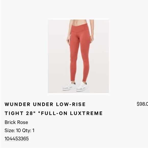 LuluLemon Wunder Under Low Rise 28” Tight Full on Luxtreme - Brick Rose Size 10 - Picture 6 of 6
